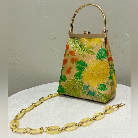 Handmade Genuine Leather Floral Embossed Top Handle Purse & 2 Chain Styles - Picture 1 of 15